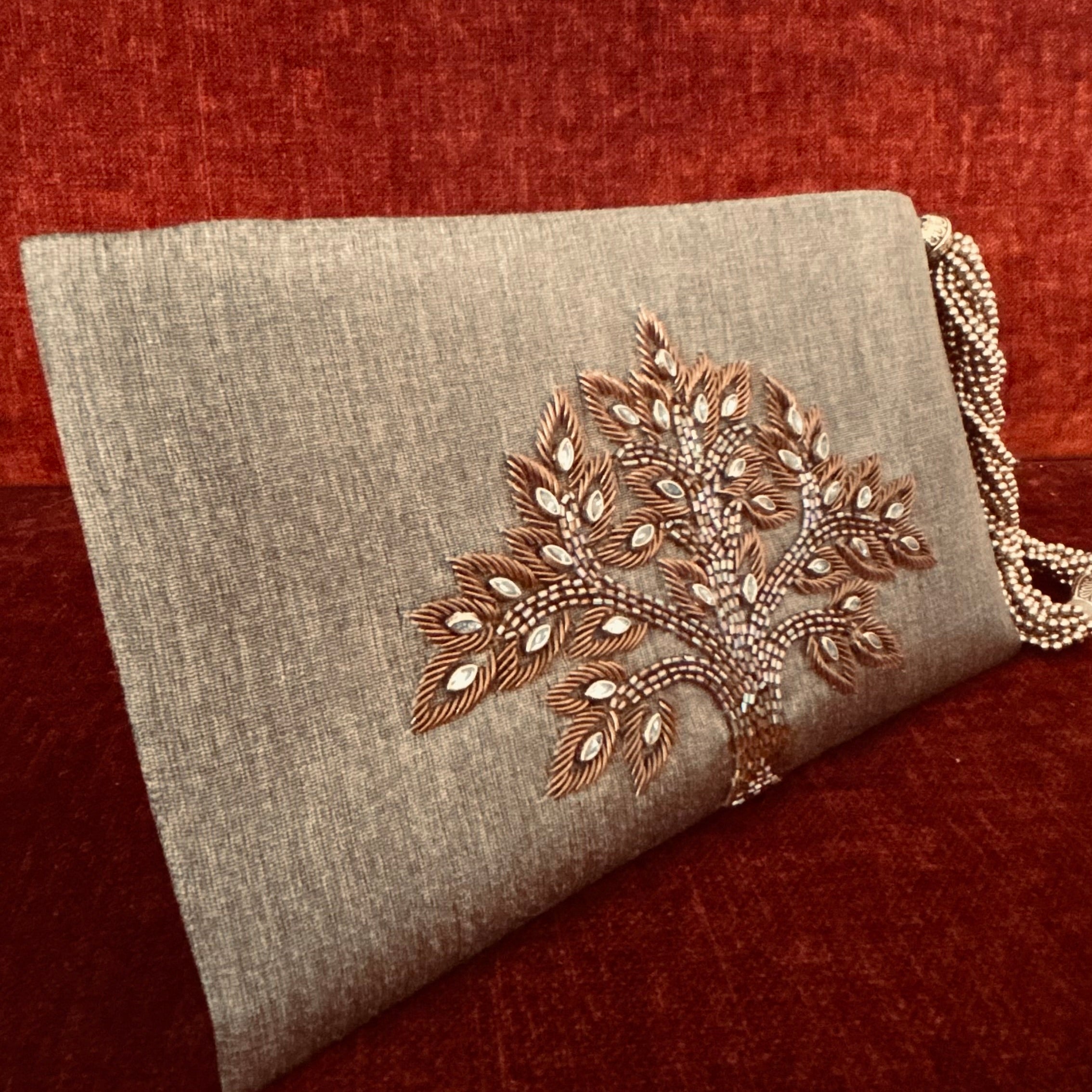 Tree Of Life Beige Zardozi Wristlet