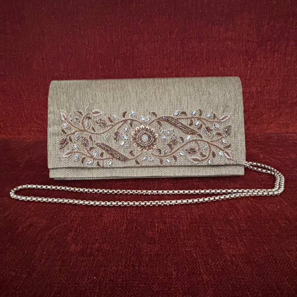 Beige Zardozi Soft Clutch