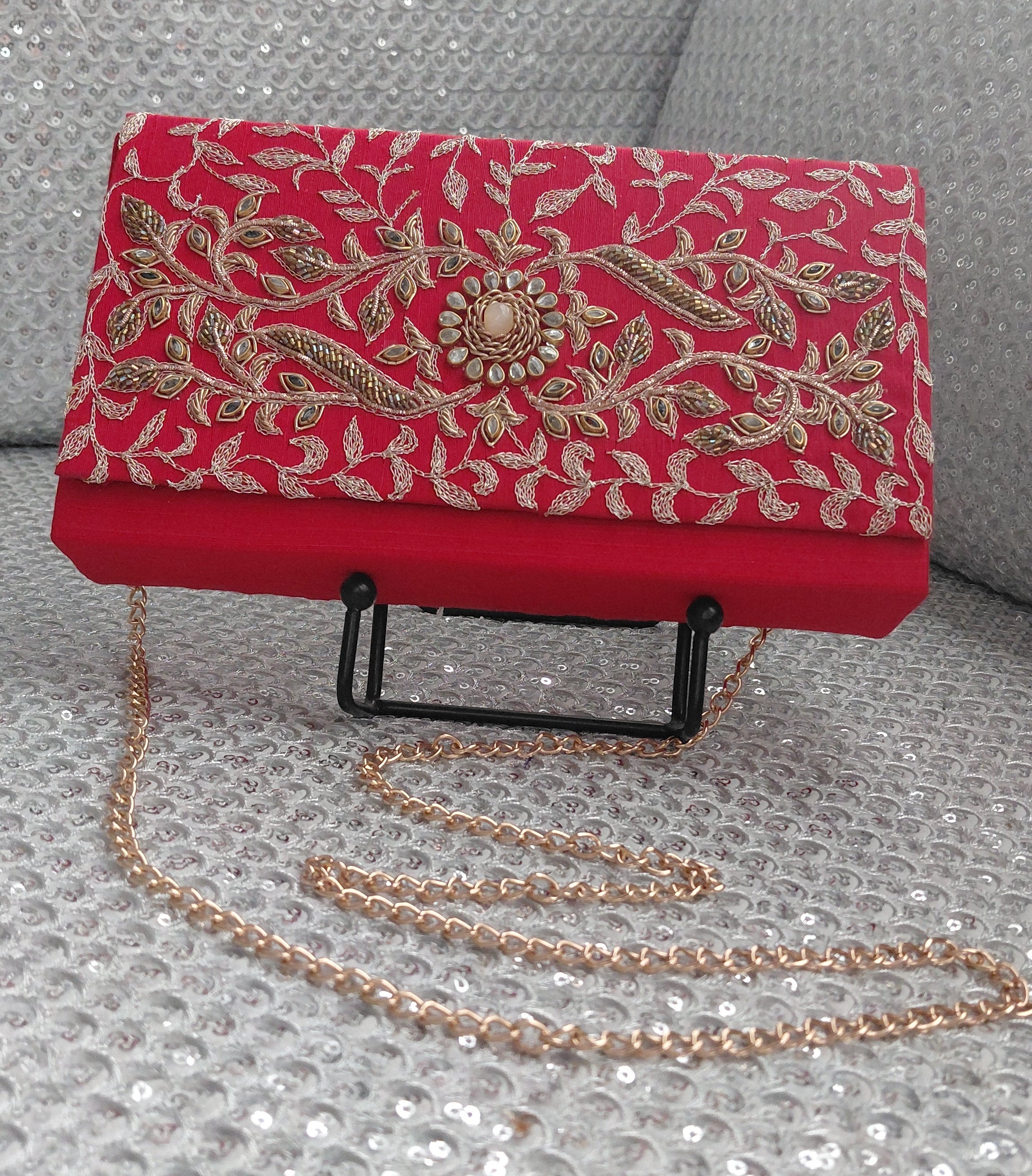 Red Zardozi Box Clutch