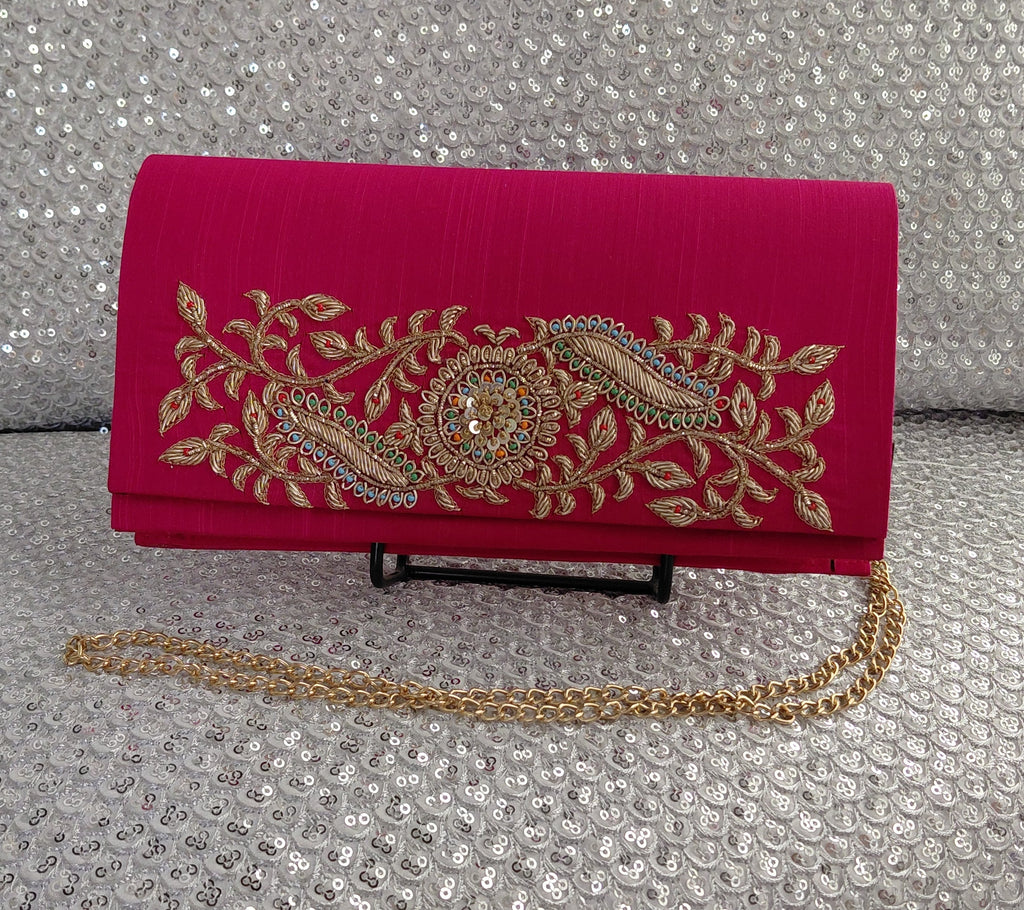 Fuchsia Pink Zardozi Soft Clutch