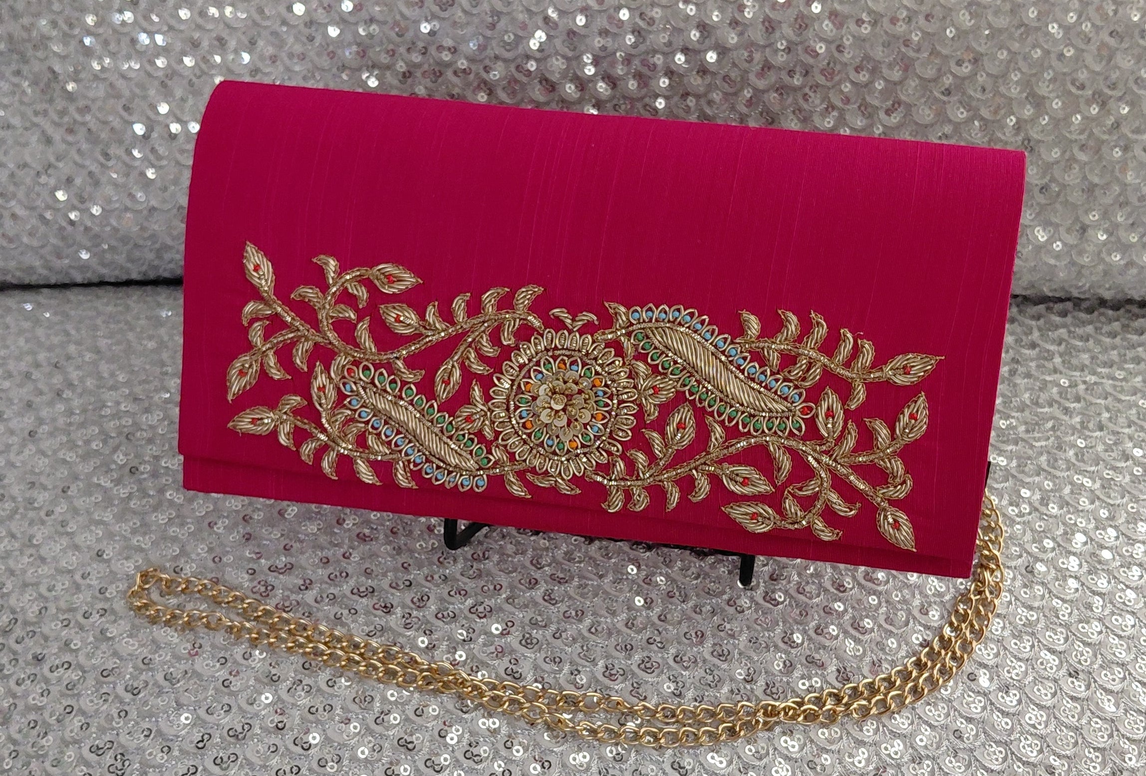 Fuchsia Pink Zardozi Soft Clutch