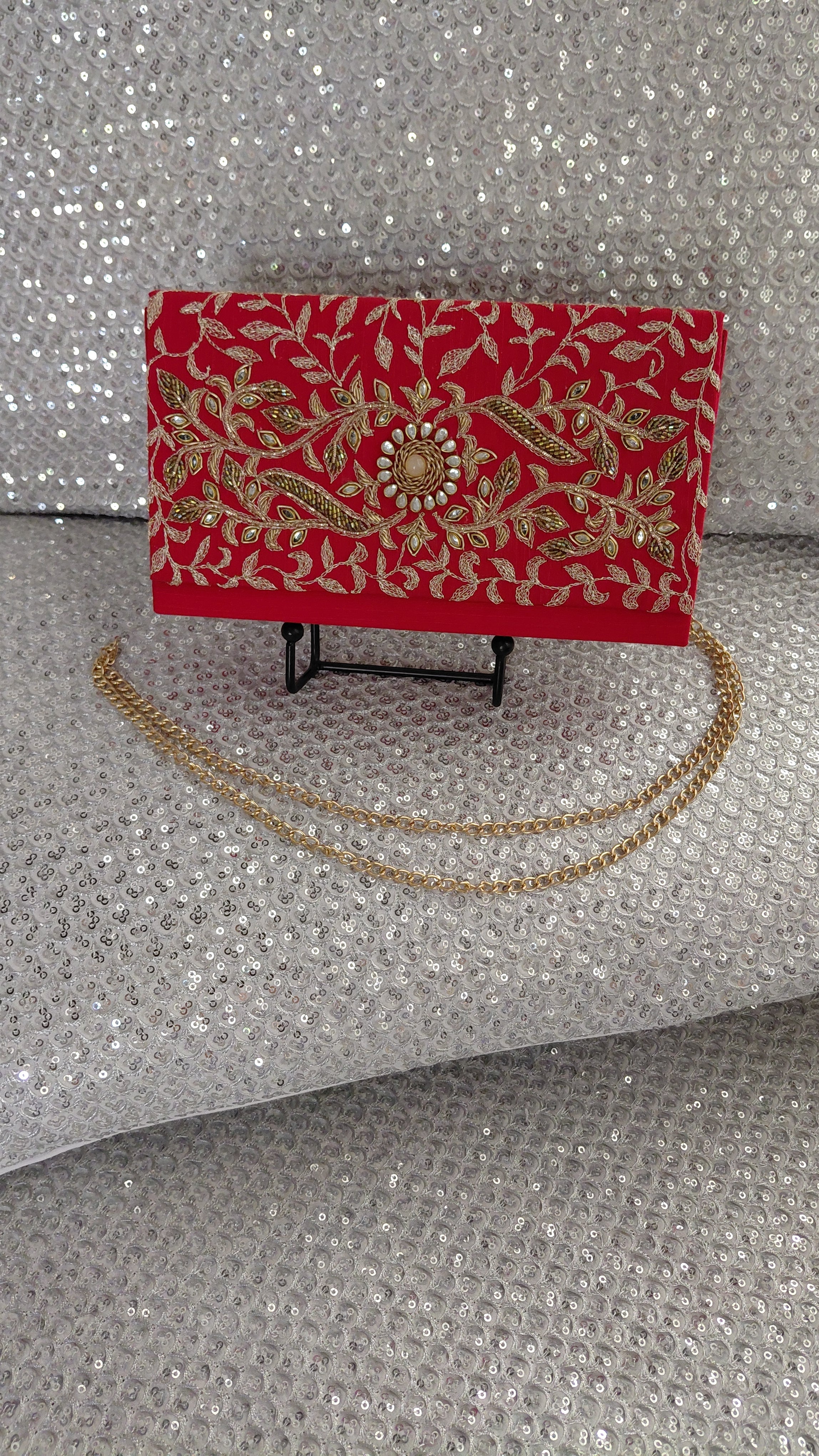 Red Zardozi Box Clutch