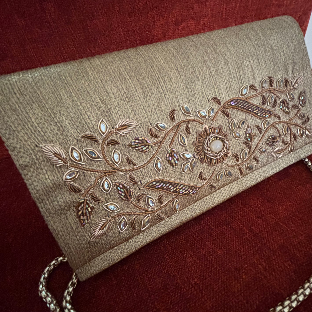 Beige Zardozi Soft Clutch