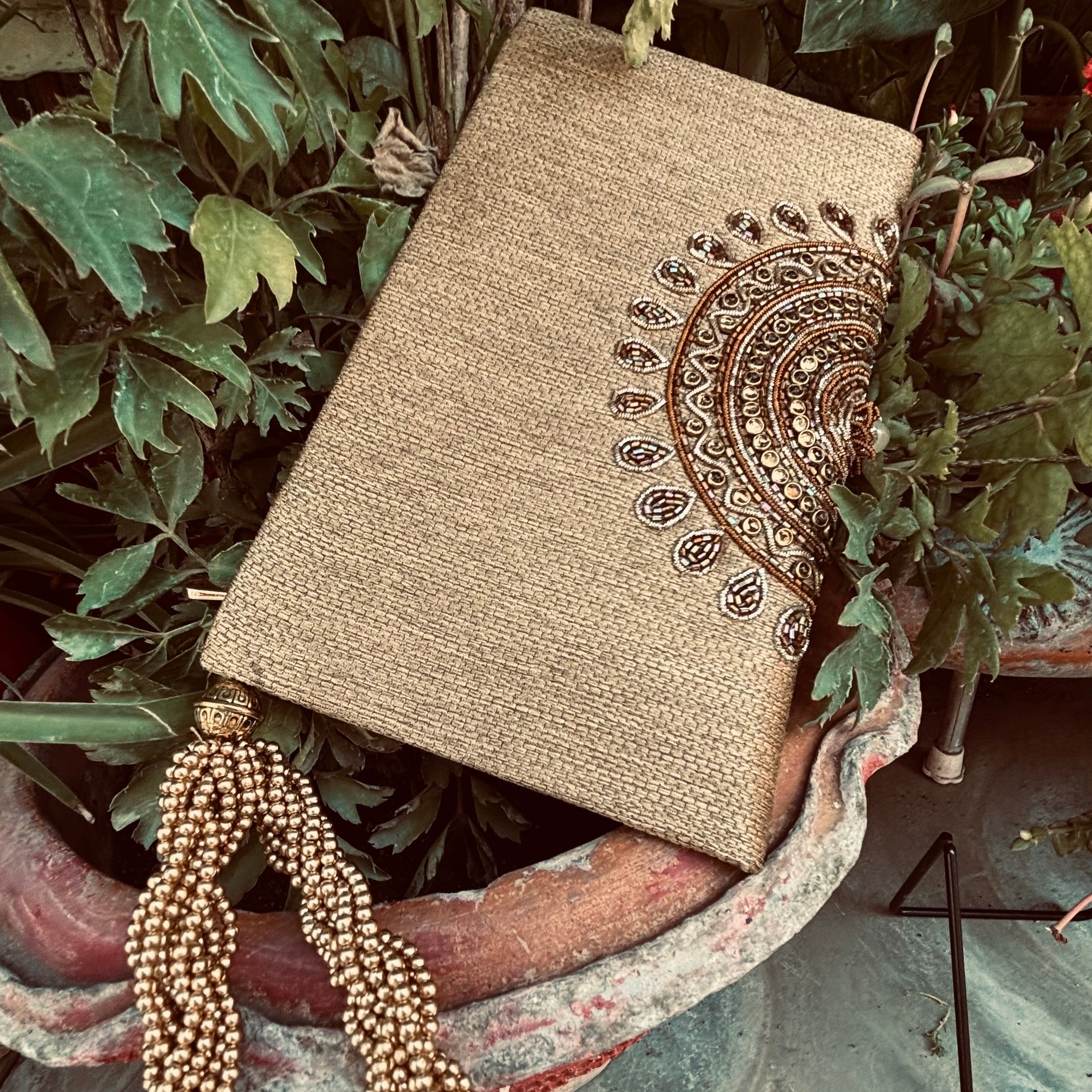 Beige Zardozi Motif Wristlet