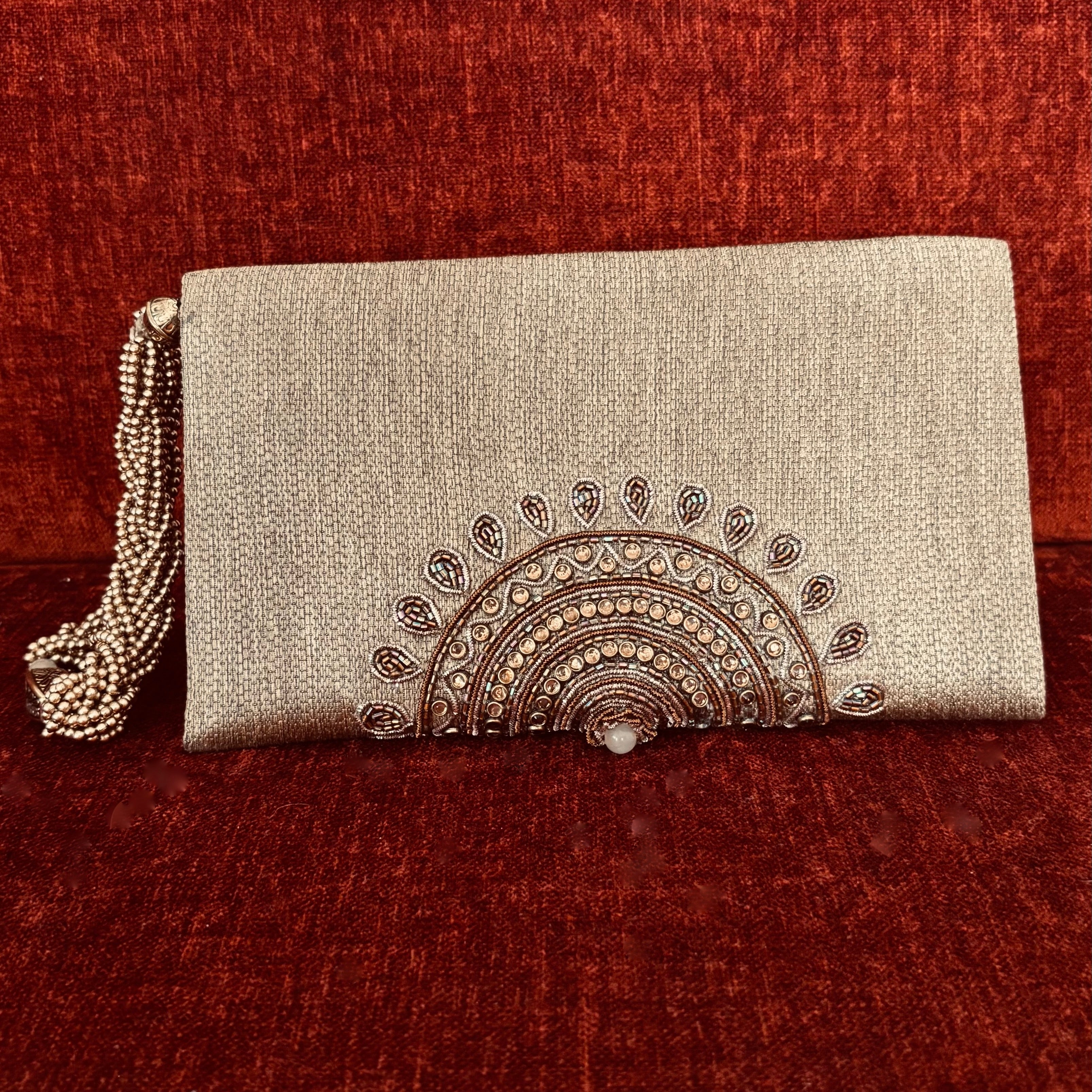 Beige Zardozi Motif Wristlet