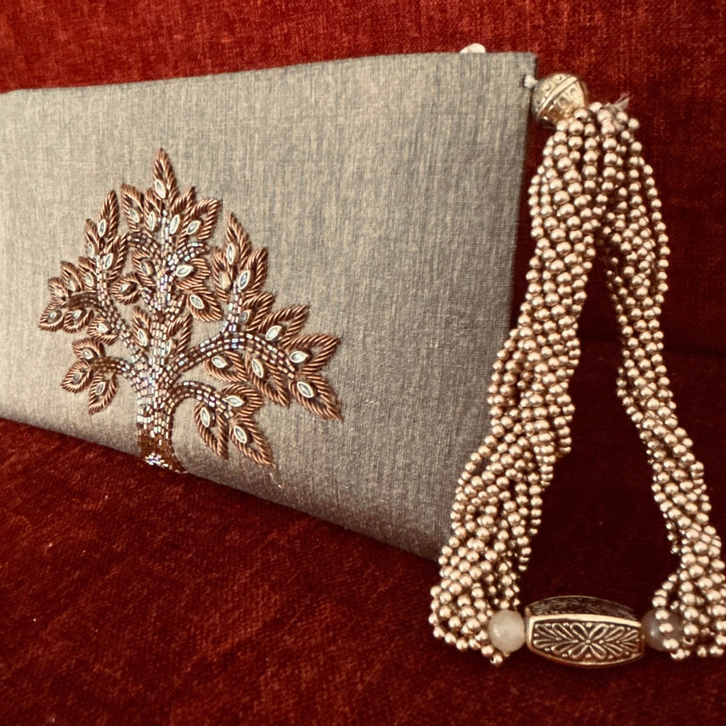 Tree Of Life Beige Zardozi Wristlet