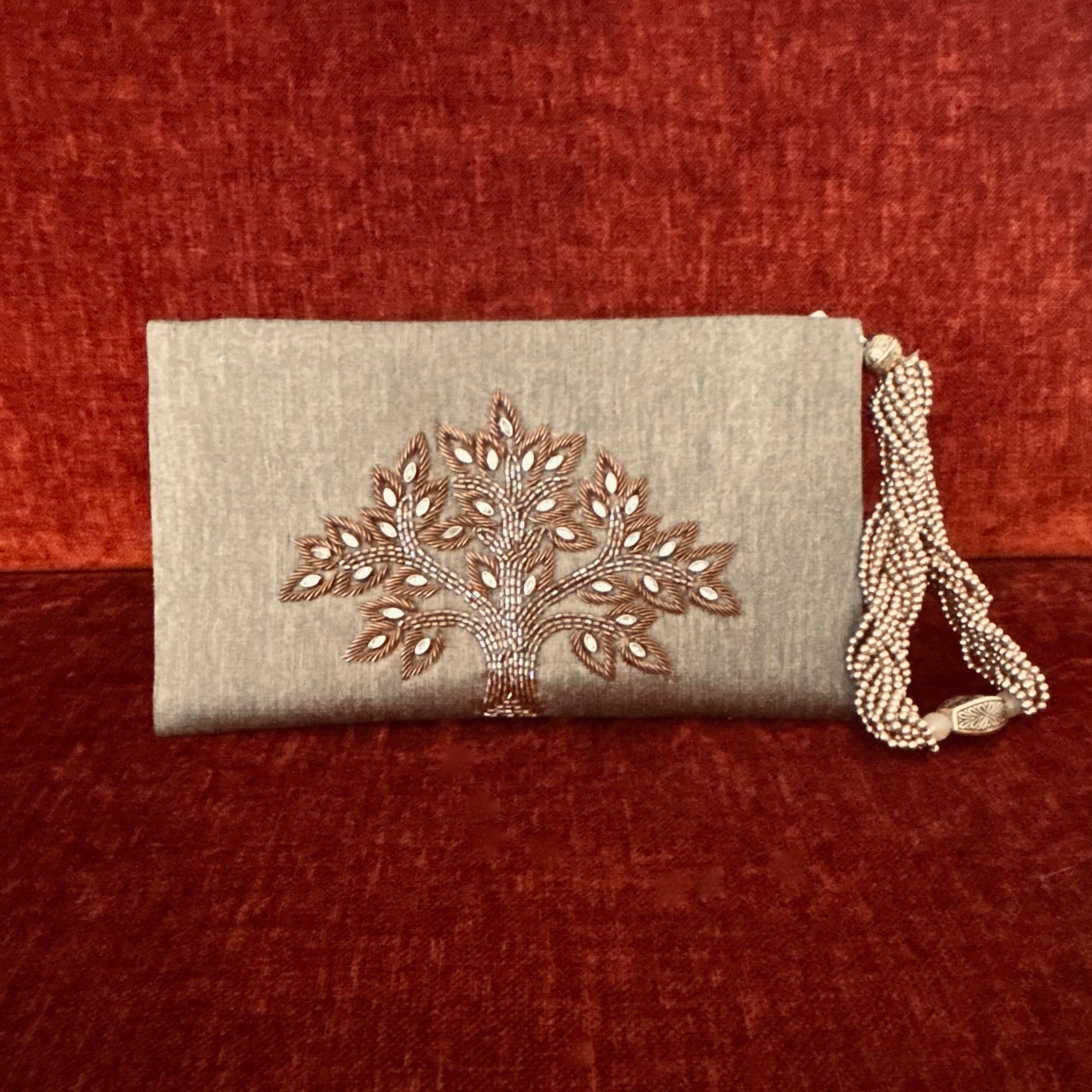 Tree Of Life Beige Zardozi Wristlet