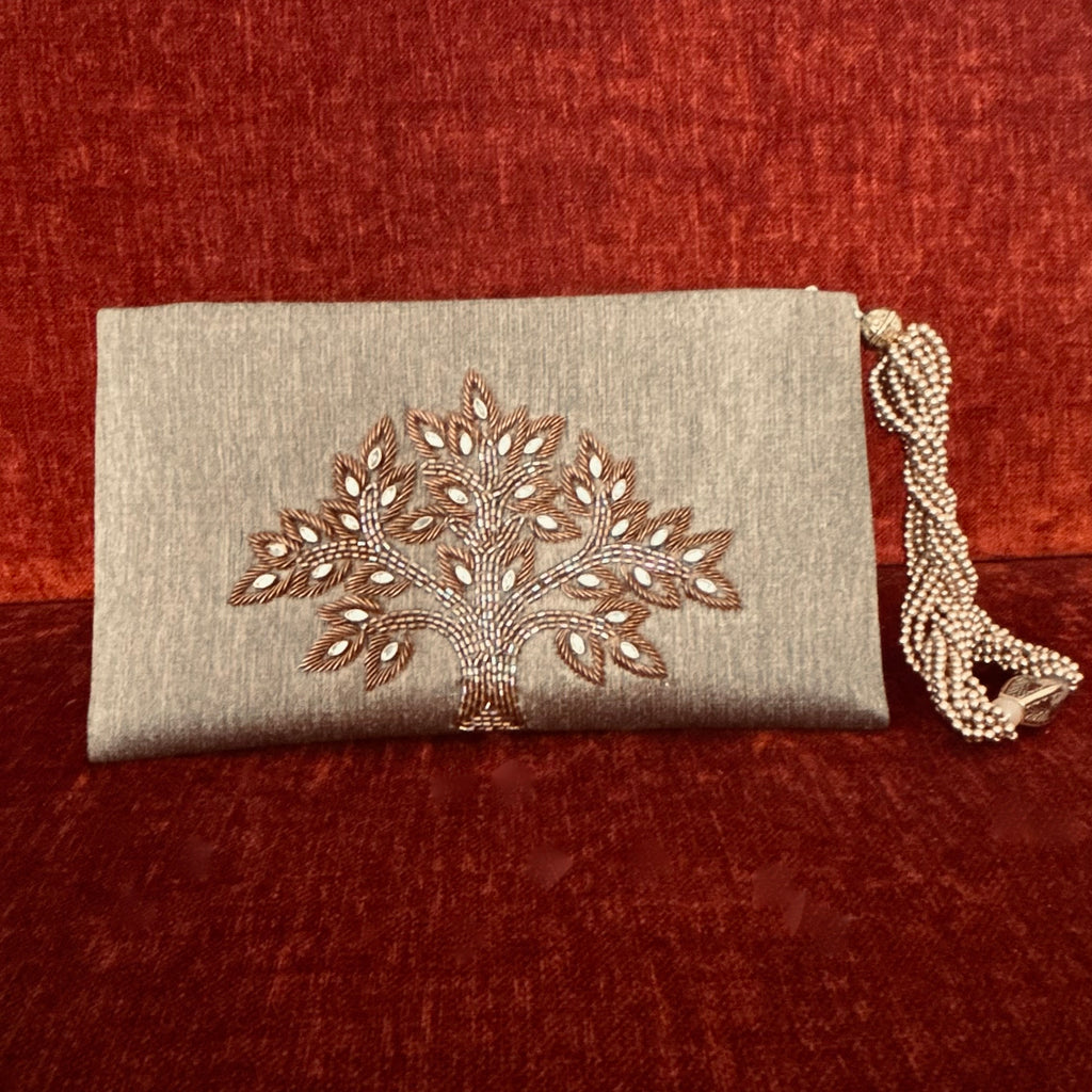 Tree Of Life Beige Zardozi Wristlet