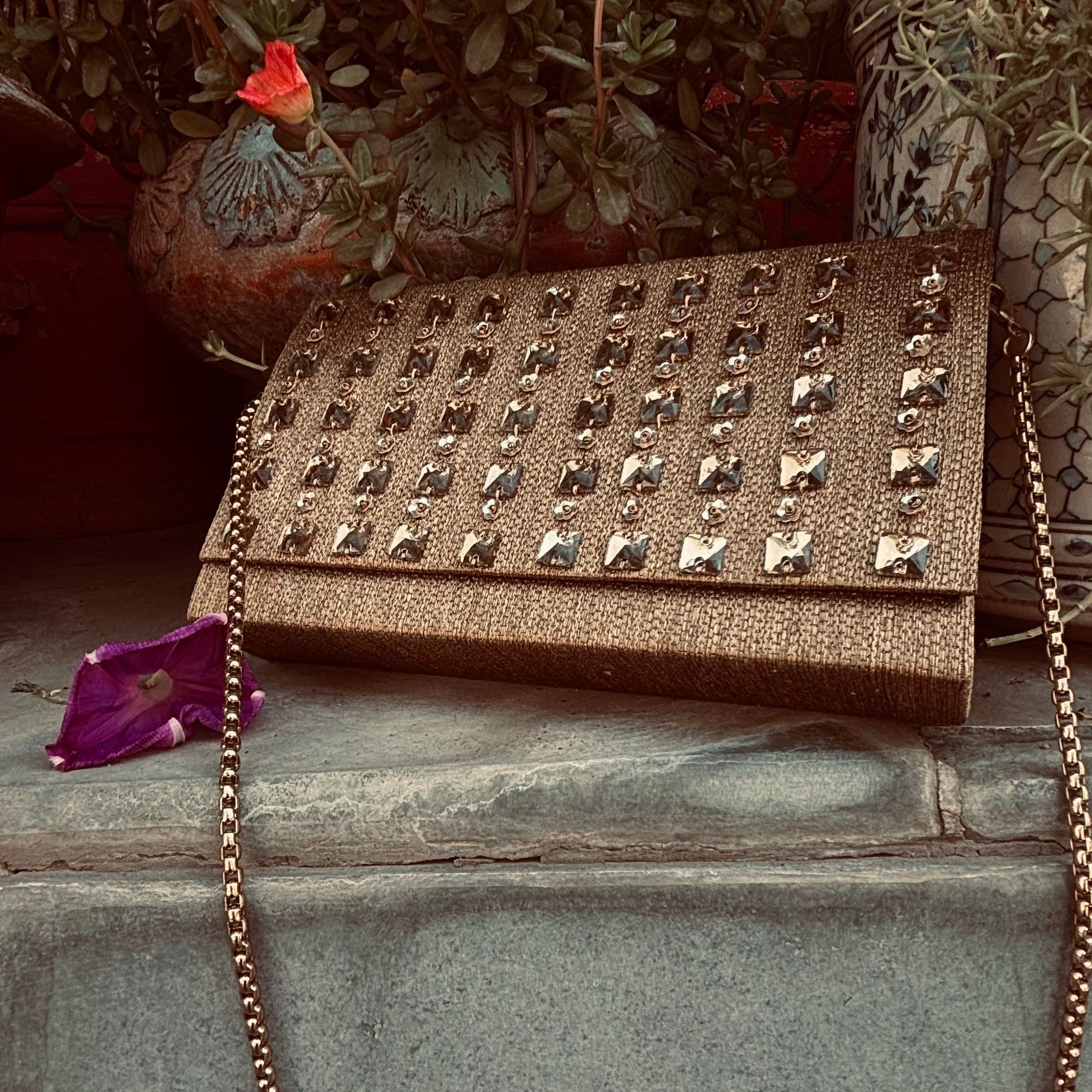 Golden Embellished Box Clutch