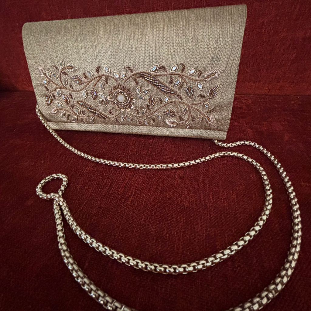Beige Zardozi Soft Clutch