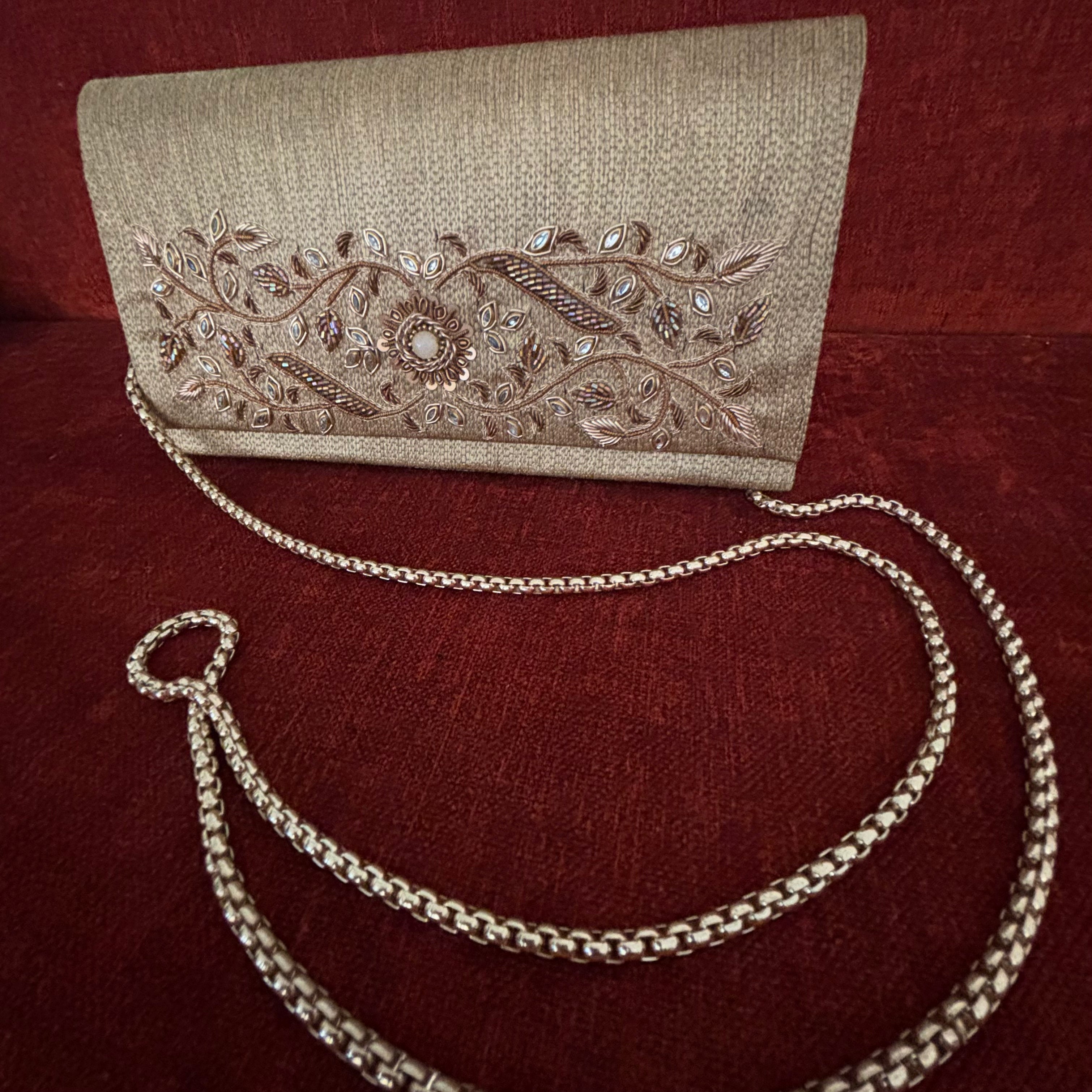 Beige Zardozi Soft Clutch