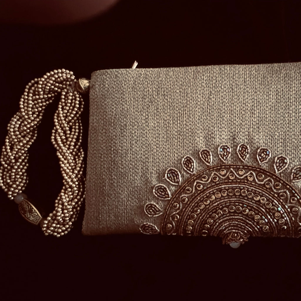 Beige Zardozi Motif Wristlet
