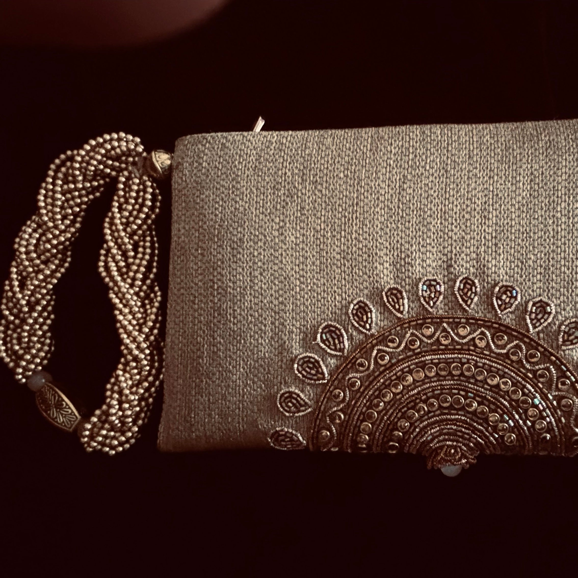 Beige Zardozi Motif Wristlet